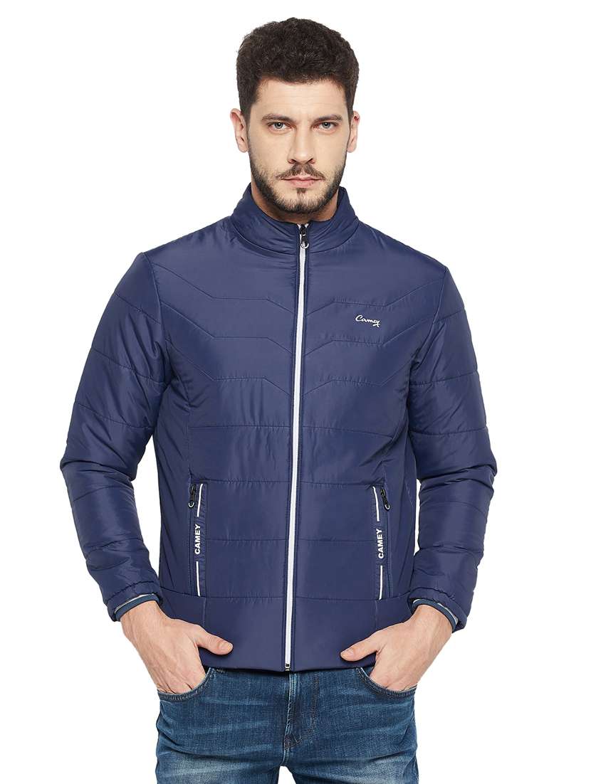 men navy blue solid long sleeve quilted jacket