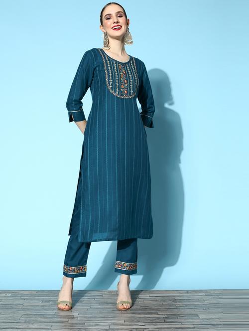 blue cotton blend kurta pant set - 18823038 - Standard Image - 0