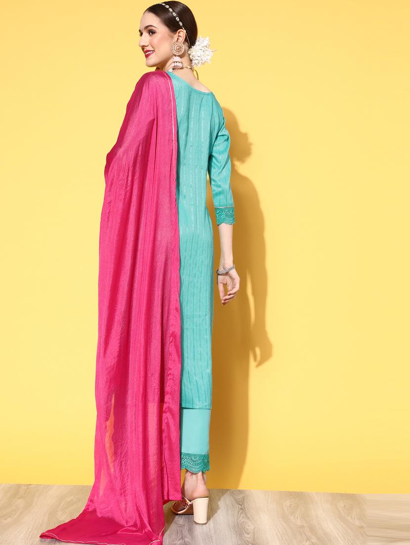 turquoise silk kurta pant set - 18823050 - Standard Image - 2