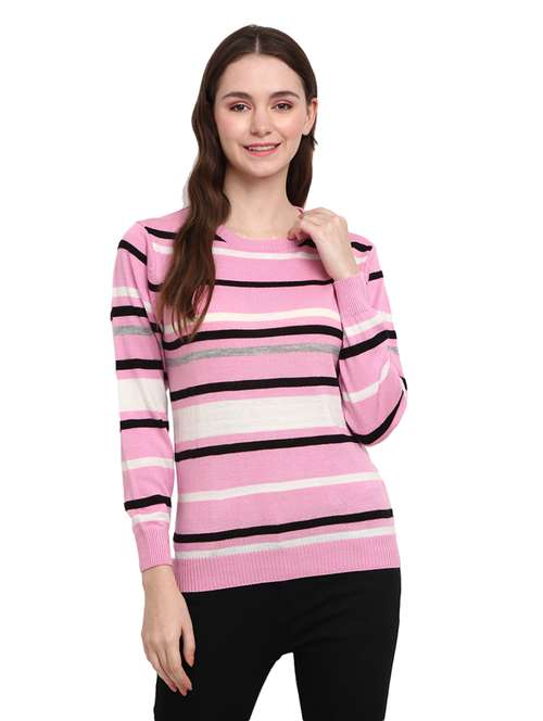 pink striped round neck cardigan - 18823159 -  Standard Image - 0