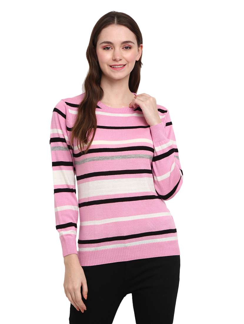 pink striped round neck cardigan