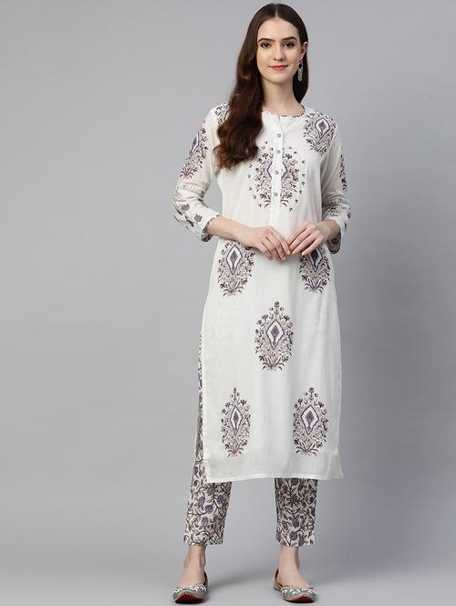 women white printed kurta pant set - 18847897 - Standard Image - 0
