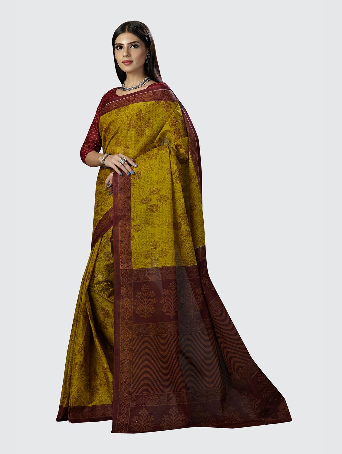 olive printed saree with blouse - 18854980 - Standard Image - 2