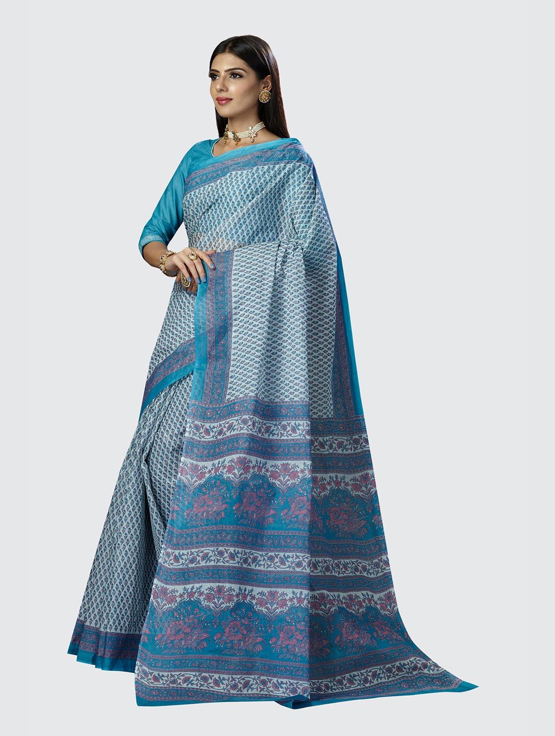 blue printed saree with blouse - 18854999 - Standard Image - 2