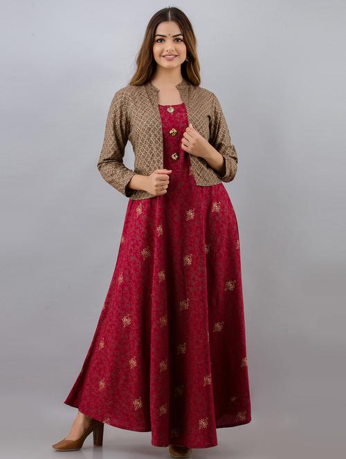maroon coloured printed kurta pant set - 18873617 - Standard Image - 0