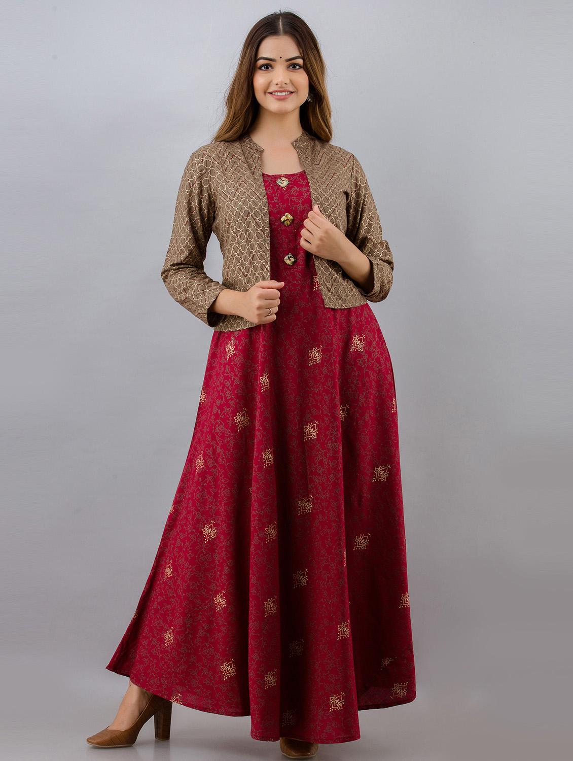maroon coloured printed kurta pant set
