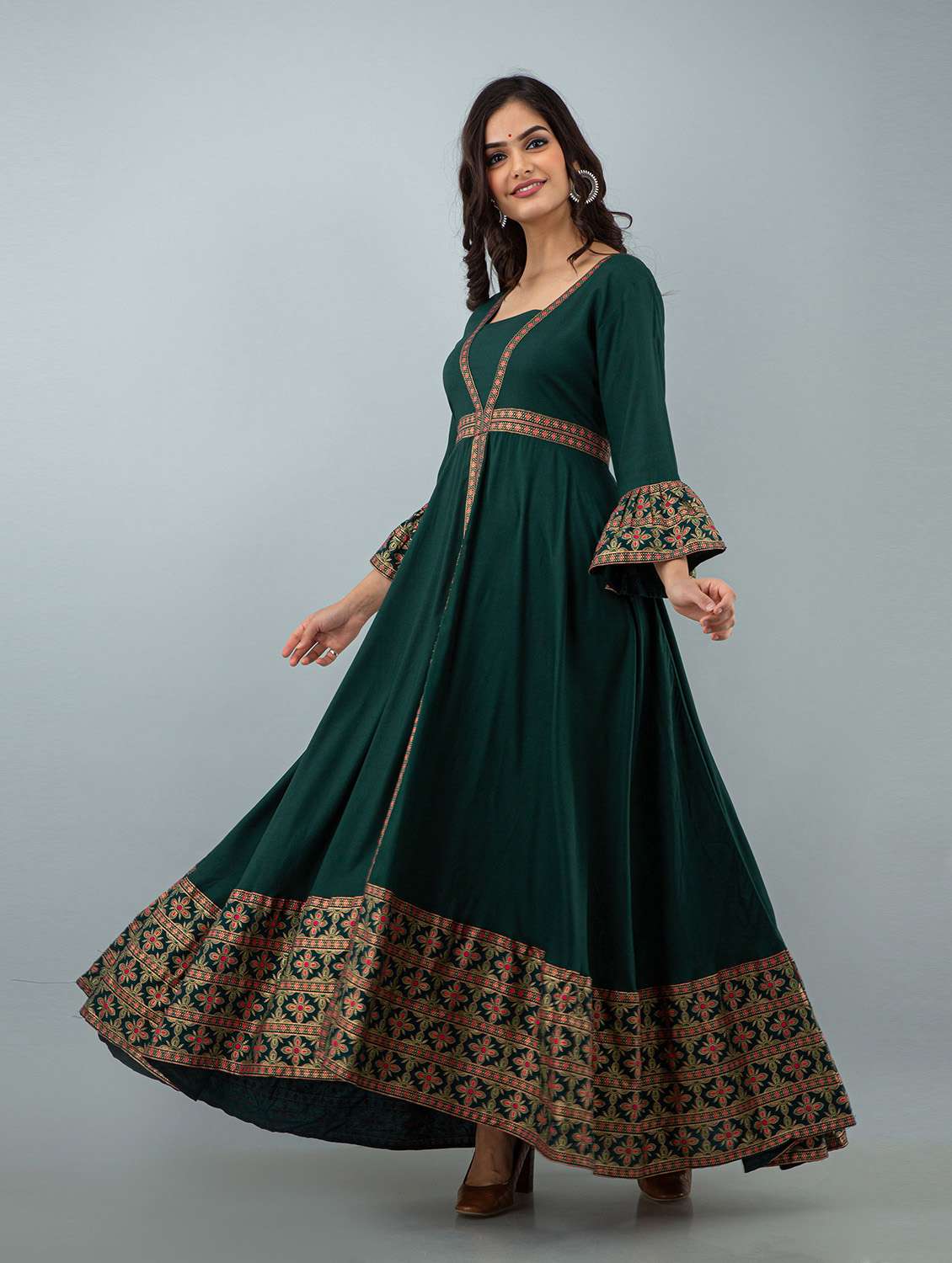 green printed flared kurta