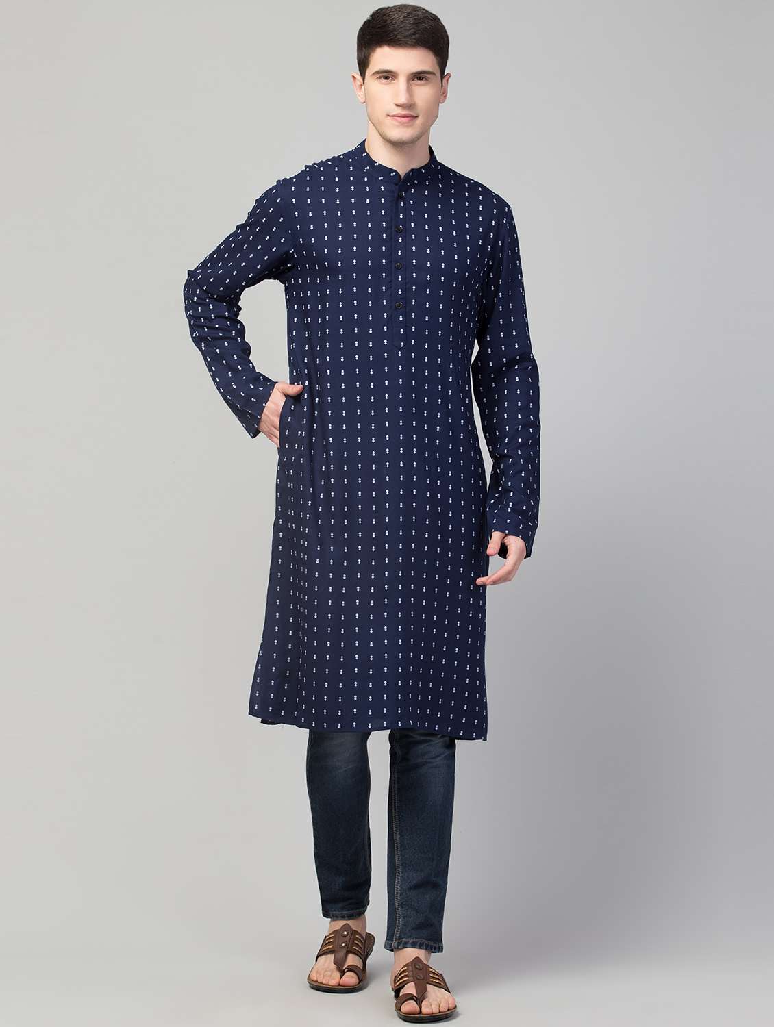 men navy blue mandarin neck long kurta