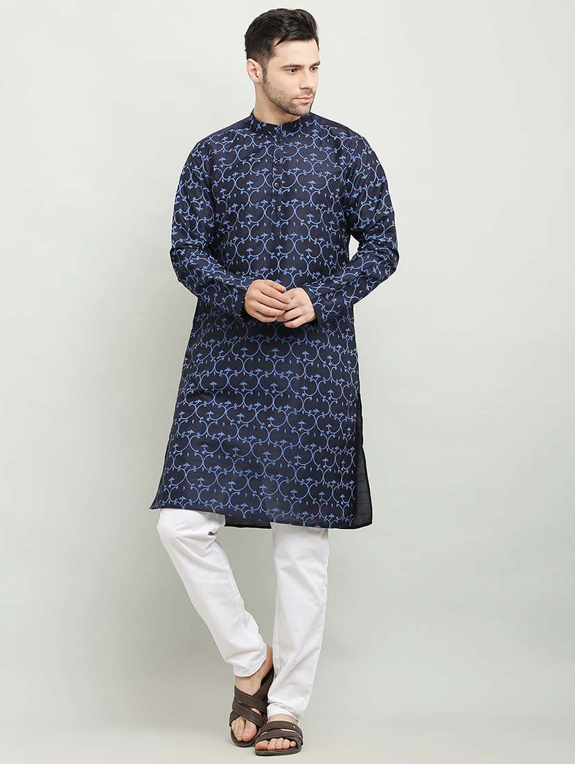 men printed mandarin neck long kurta