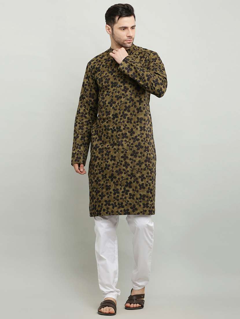 men green mandarin neck long kurta