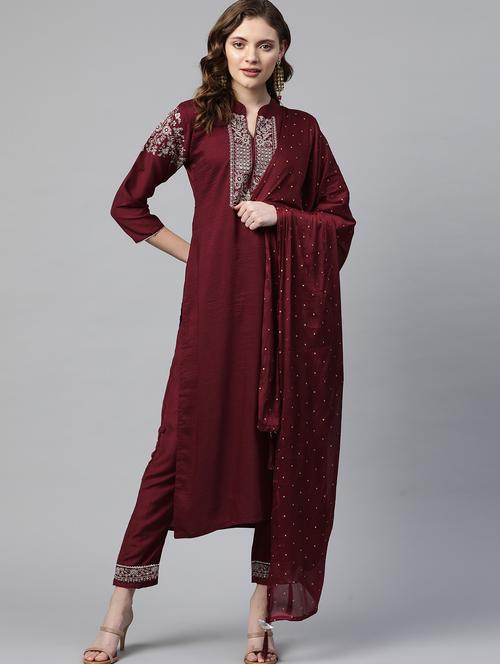 maroon embroidered kurta pant set with dupatta - 18875394 -  Standard Image - 0