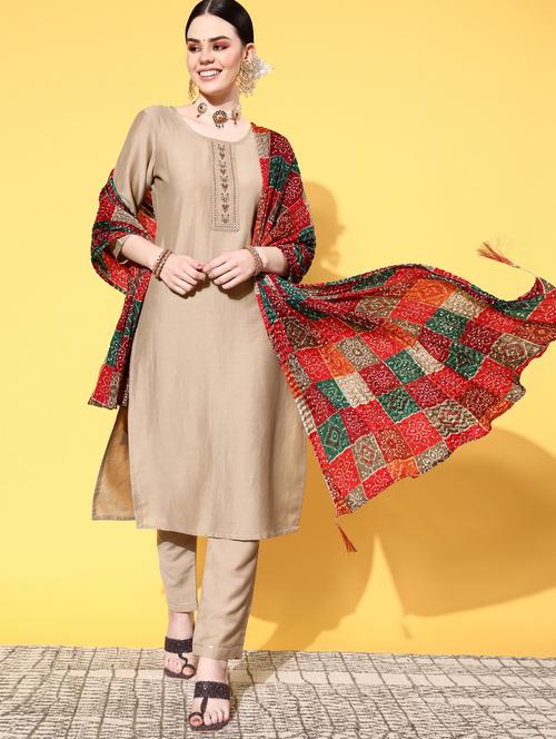 beige coloured embroidered kurta pant set with dupatta - 18875441 - Standard Image - 0