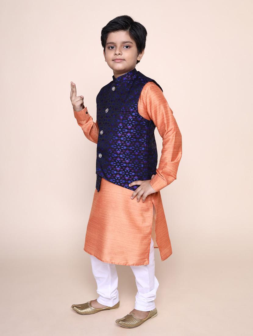 boys solid kurta pyjama set with printed nehru jacket - 18875927 - Standard Image - 2