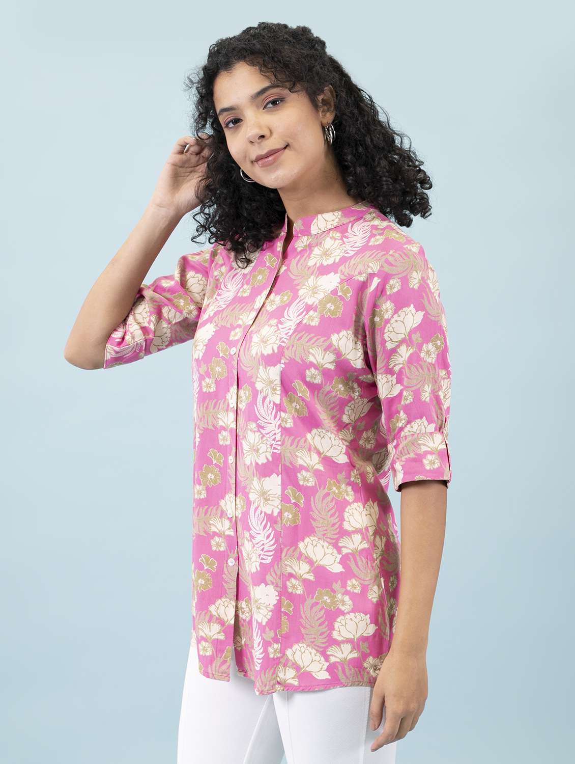 pink mandarin neck printed a line tunic - 18877436 -  Standard Image - 2