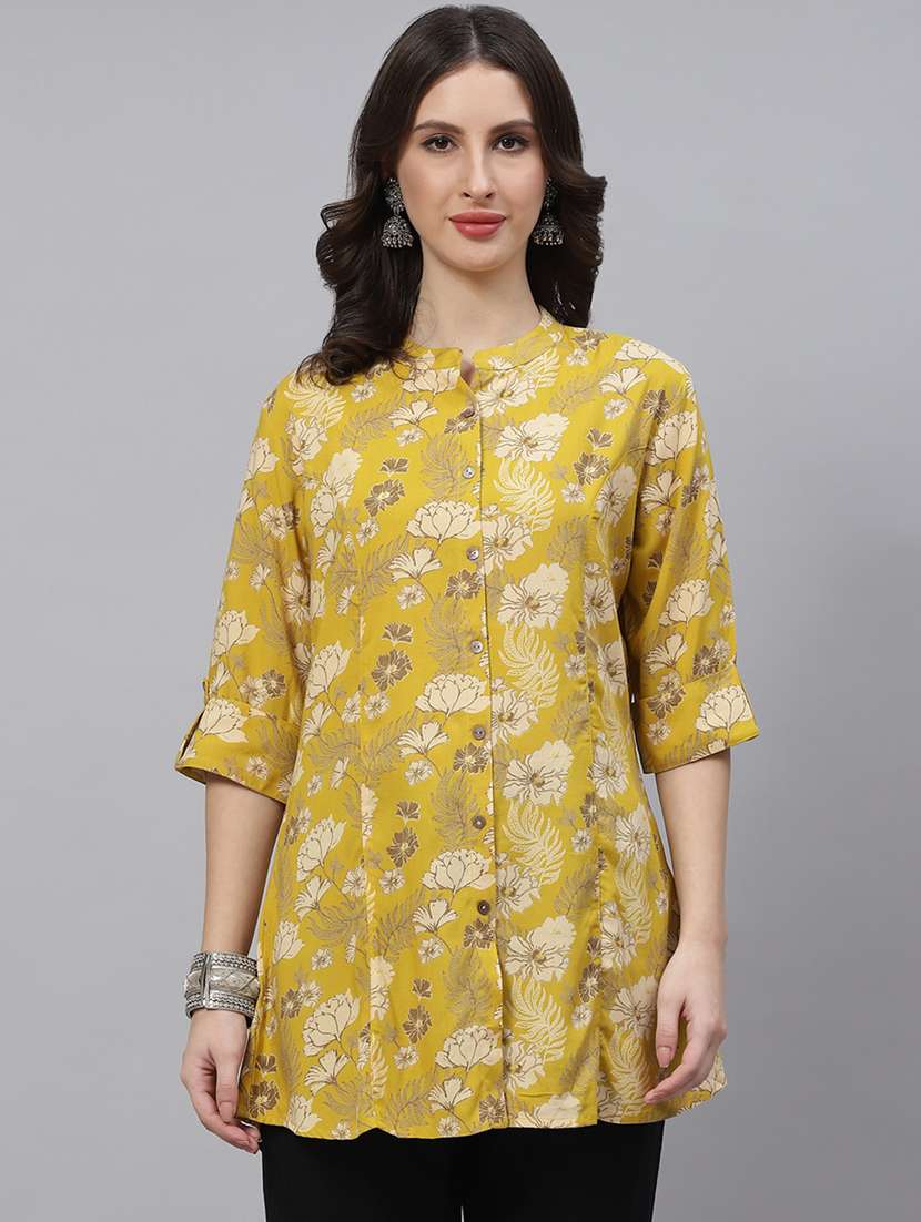 yellow mandarin neck printed a-line tunic