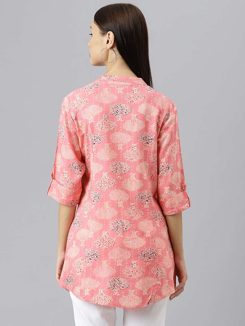 pink printed mandarin neck a line tunic - 18878033 - Standard Image - 2