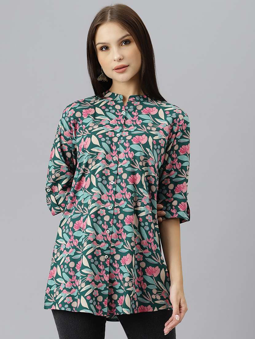 green printed mandarin neck a line tunic