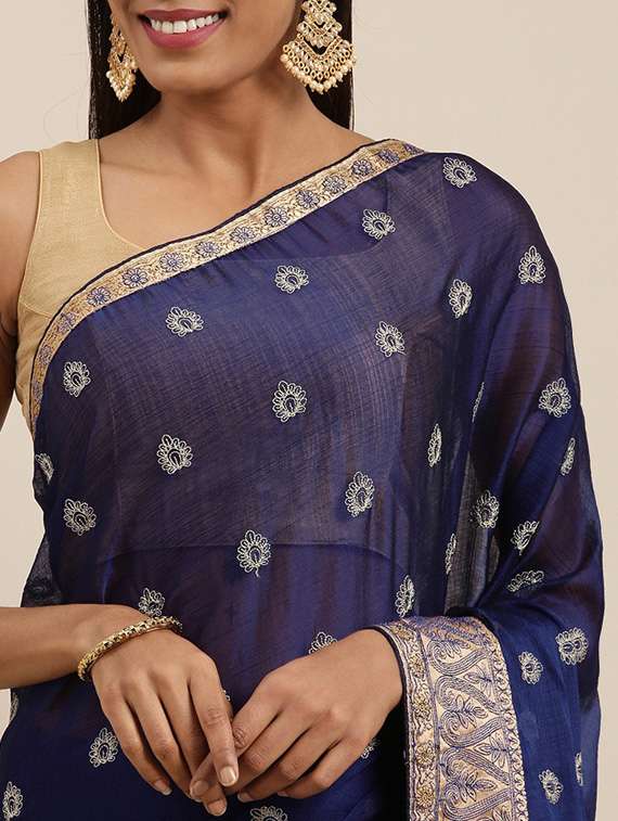 navy chiffon embroidered saree with blouse - 18879145 -  Standard Image - 2