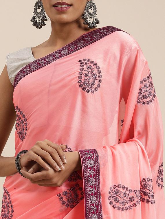 pink georgette embroidered saree with blouse - 18879148 - Standard Image - 2