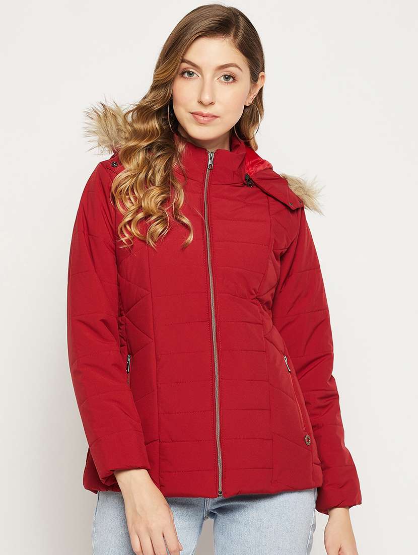red quilted hooded jacket