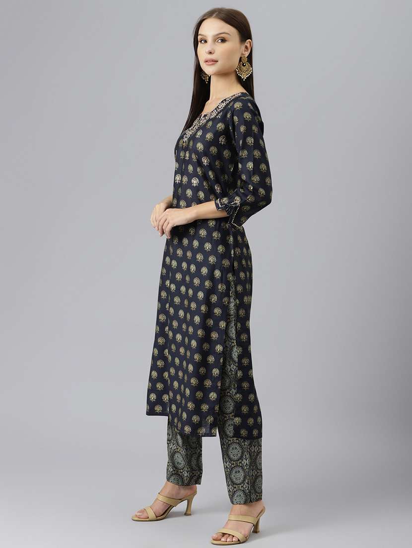 navy blue printed kurta pant dupatta set - 18882589 -  Standard Image - 2