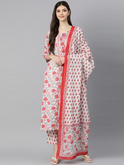 women three quarter sleeve kurta pant with dupatta set - 18882599 - Standard Image - 0