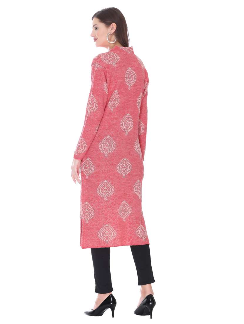 womenn pink self design woolen kurta - 18885905 -  Standard Image - 2