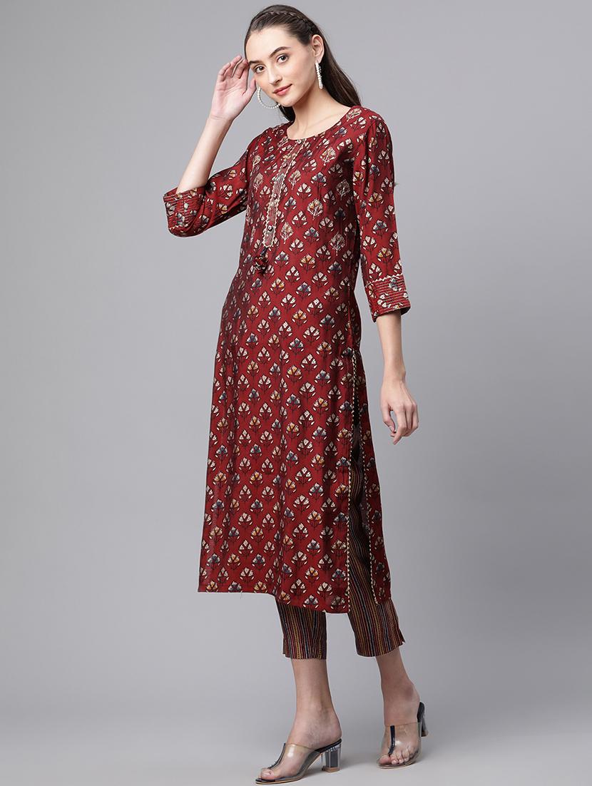 maroon coloured printed kurta pant set - 18886784 - Standard Image - 2