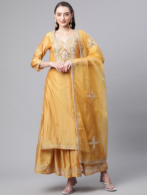 yellow coloured embroidered kurta sharara set with dupatta - 18886787 - Standard Image - 0