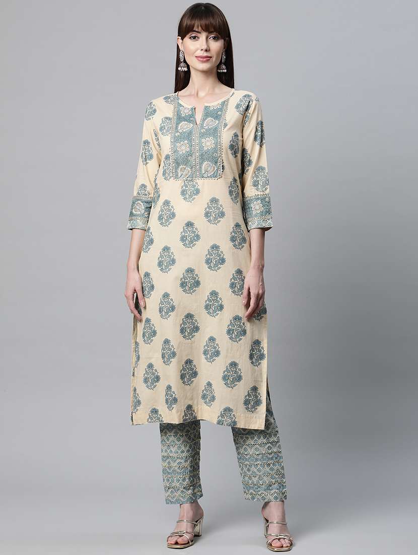 beige coloured printed kurta pant set