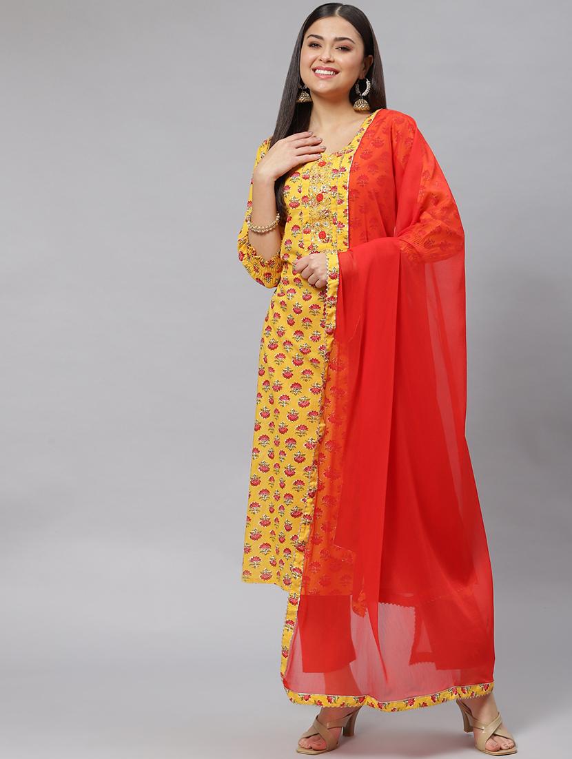 yellow coloured printed kurta pant set