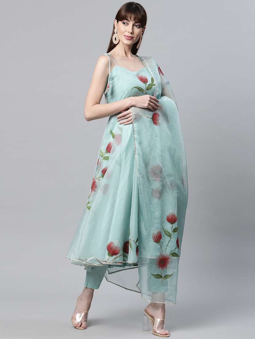 blue coloured printed kurta pant set