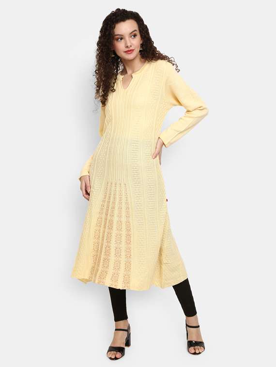 yellow self design a-line kurta