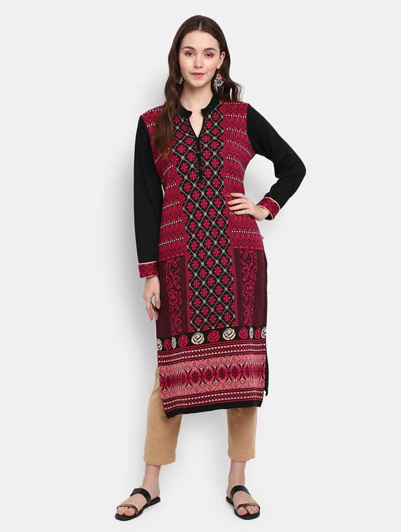 pink self design straight woolen kurta 