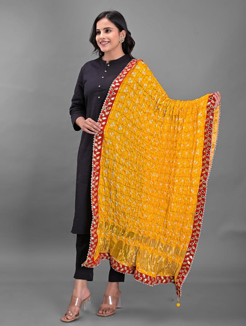 yellow self design bandhani dupatta - 18906971 - Zoom Image - 0