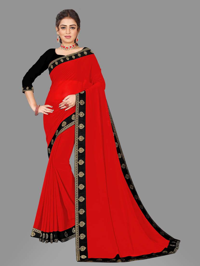 women's bordered red colored saree with blouse