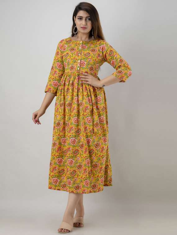mandarin neck printed flared ethnic dress