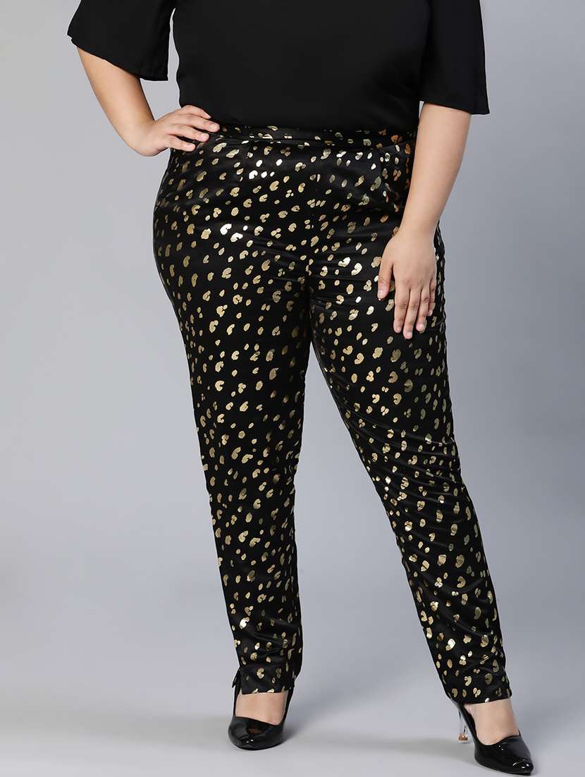 black printed plus size flat front trouser