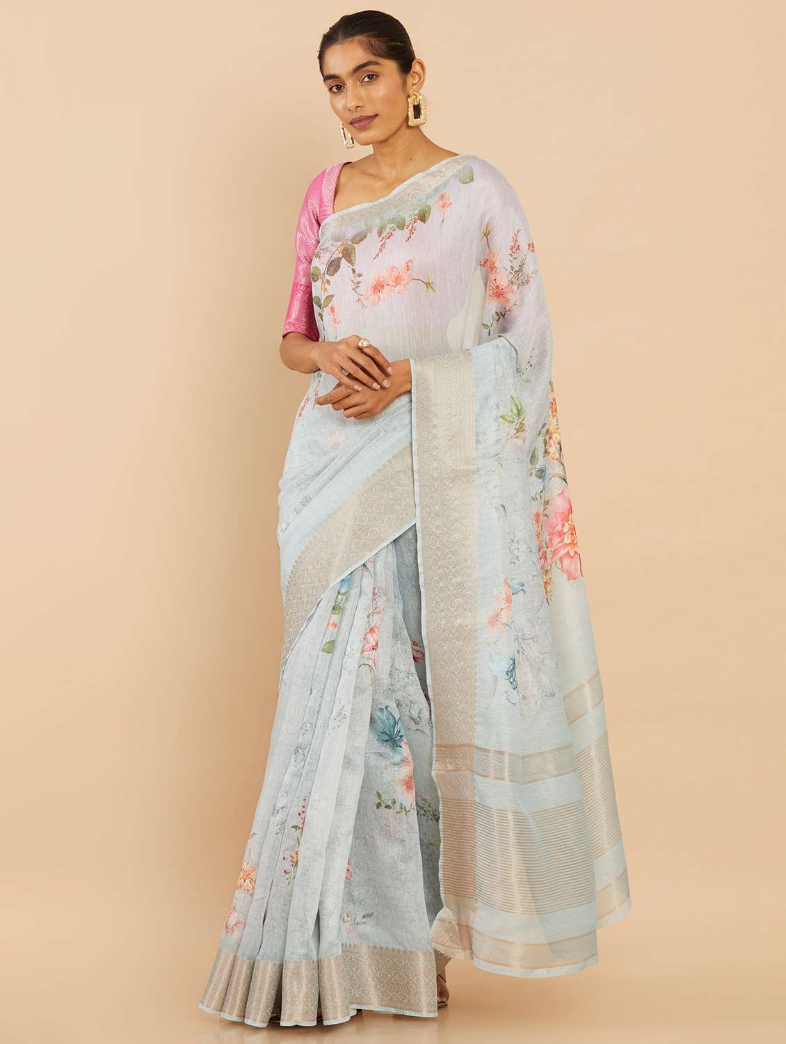 women's floral light blue colored saree