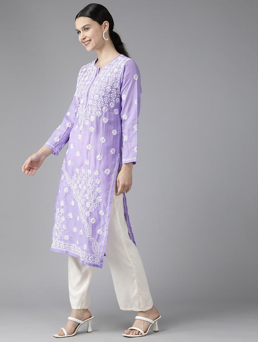 ada hand-embroidered lavender chikankari straight kurta - 18940366 - Standard Image - 2