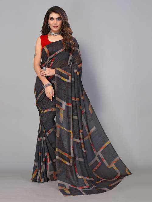 black georgette printed saree with blouse - 18951041 - Standard Image - 0
