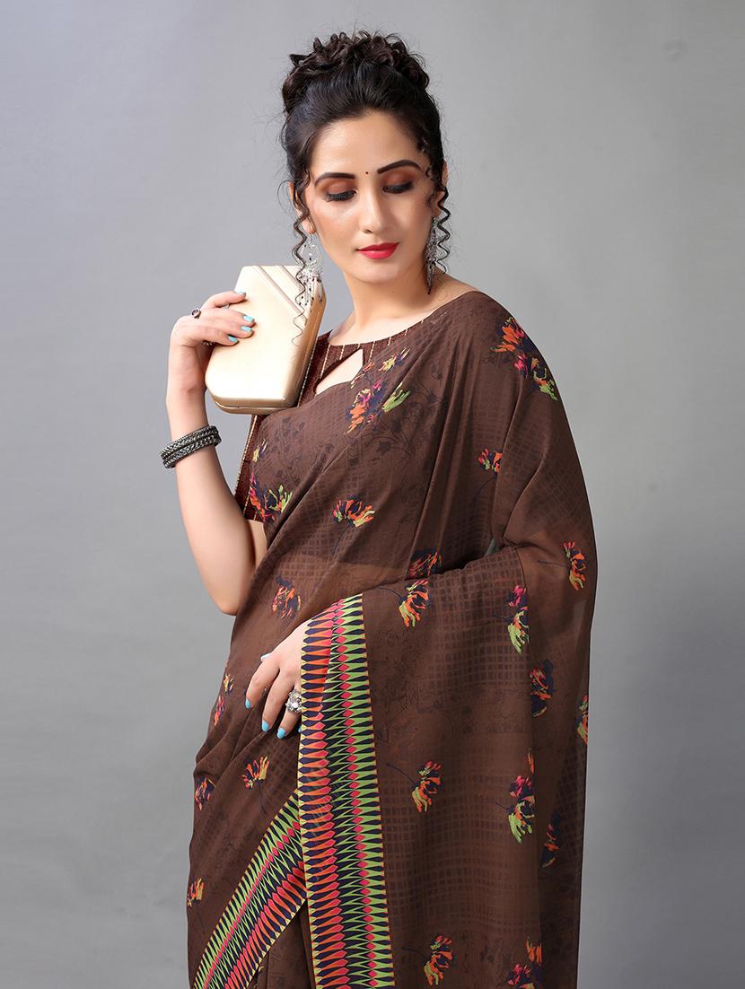 brown georgette printed saree with blouse - 18958842 - Standard Image - 2