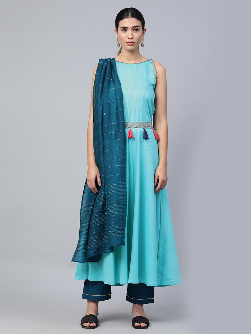 blue kurta pant set with dupatta - 18958867 - Zoom Image - 0