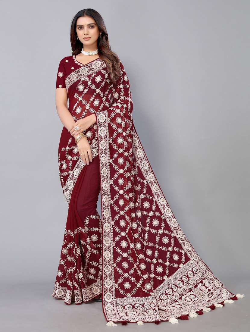 maroon georgette embroidered saree with blouse - 18958886 -  Standard Image - 2