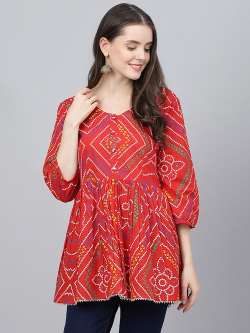 red v-neck bandhani printed tunic - 18959468 -  Standard Image - 0