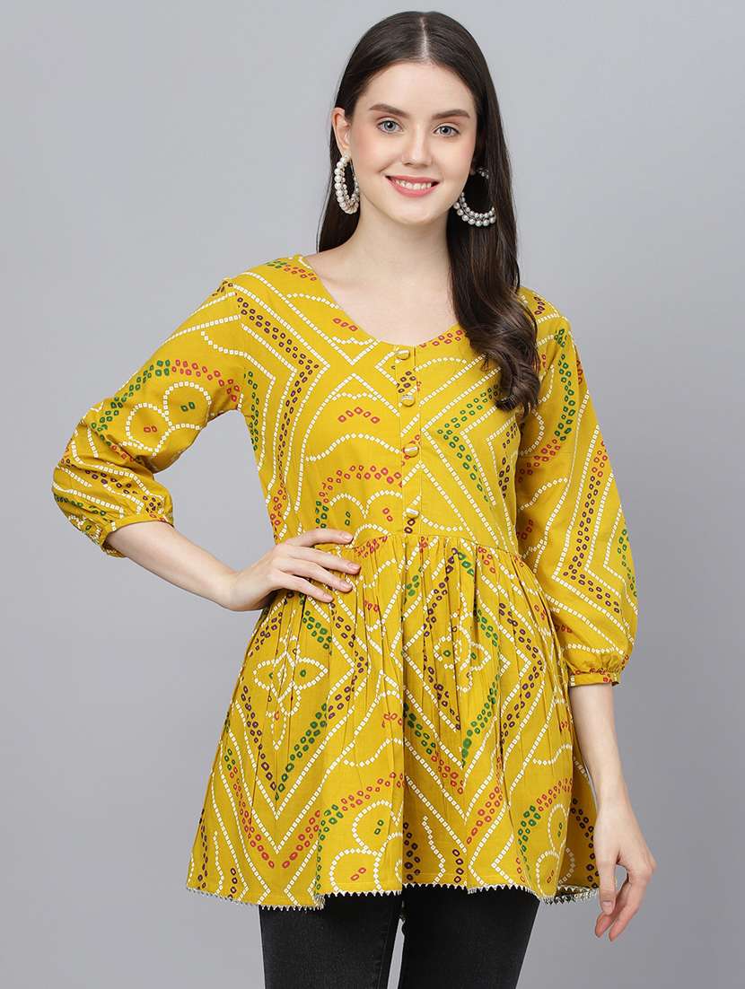 yellow v-neck bandhani tunic - 18959469 -  Zoom Image - 0