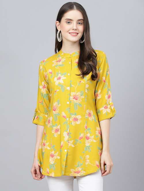 yellow mandarin neck printed a-line tunic - 18959475 - Standard Image - 0