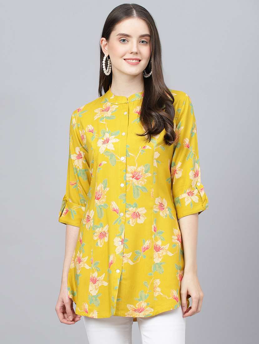 yellow mandarin neck printed a-line tunic - 18959475 - Zoom Image - 0