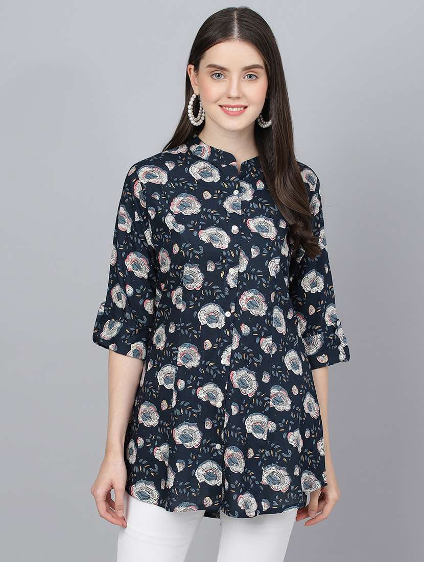 blue mandarin neck printed a-line tunic