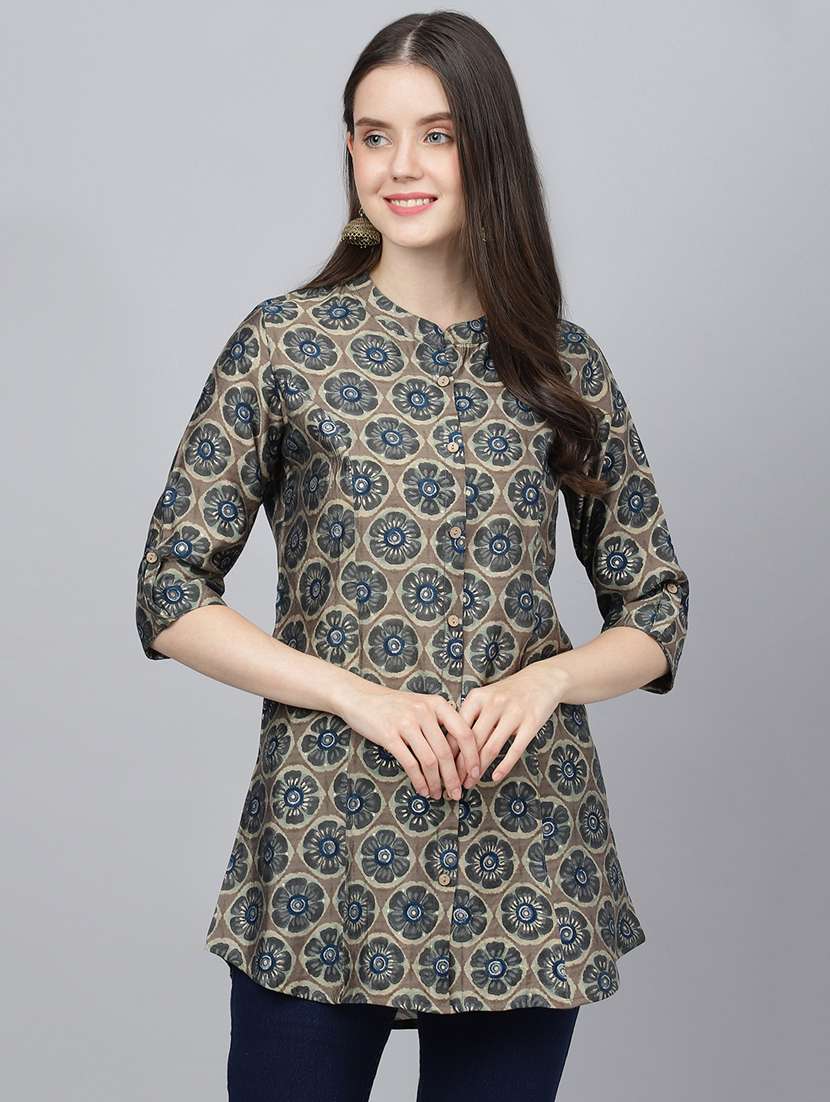 grey mandarin neck printed a-line tunic
